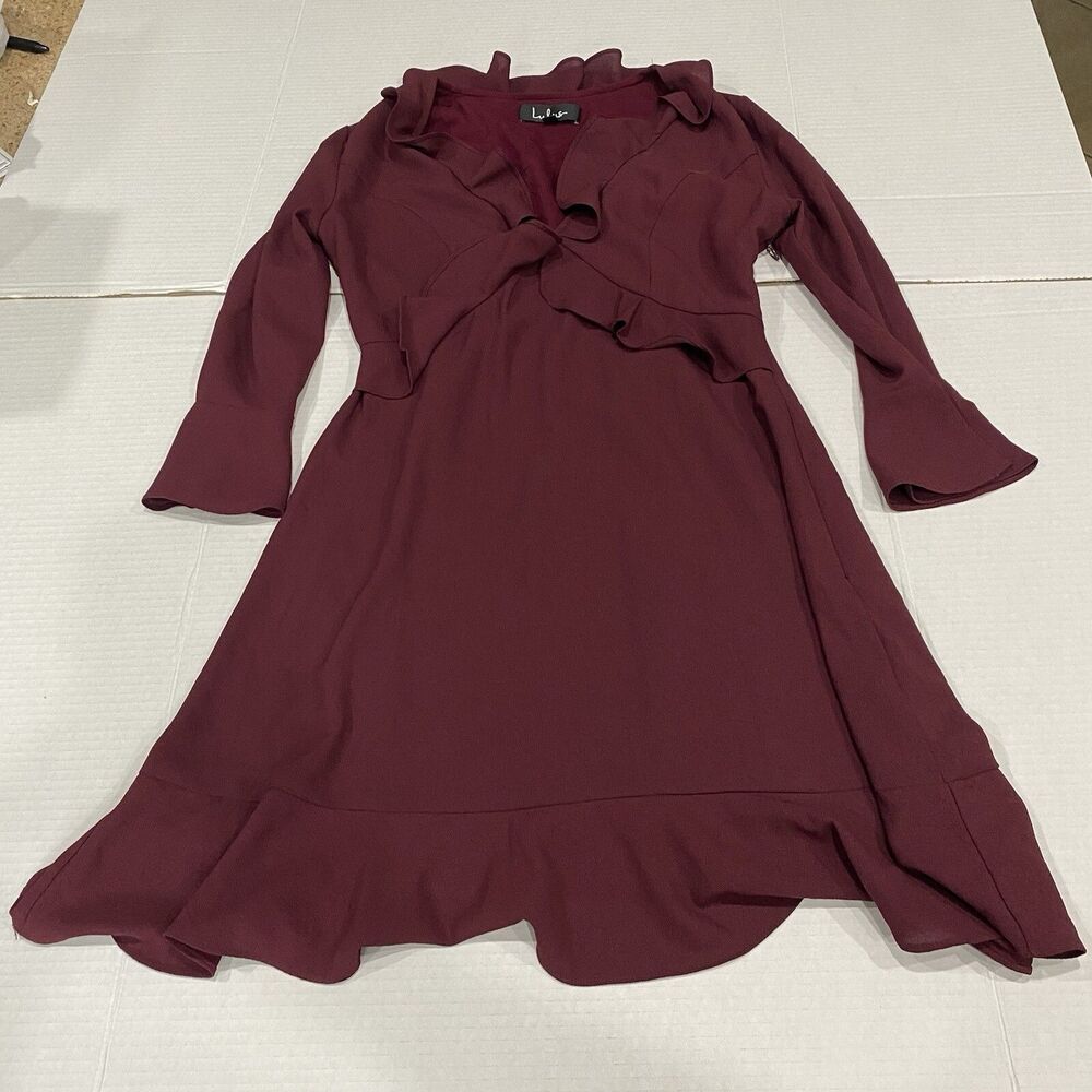 Lulus Midi Dress Burgundy Ruffled Long Balloon Sleeve Size S Party Wedding